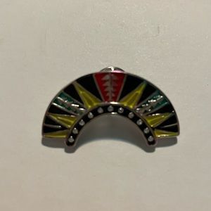 Half circle brooch. Red, yellow, teal and black with tiny QZ gems